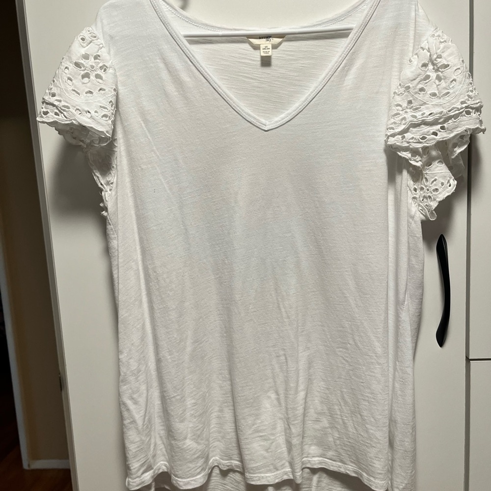 Sky White V-Neck Tee with Eyelet Short Sleeves